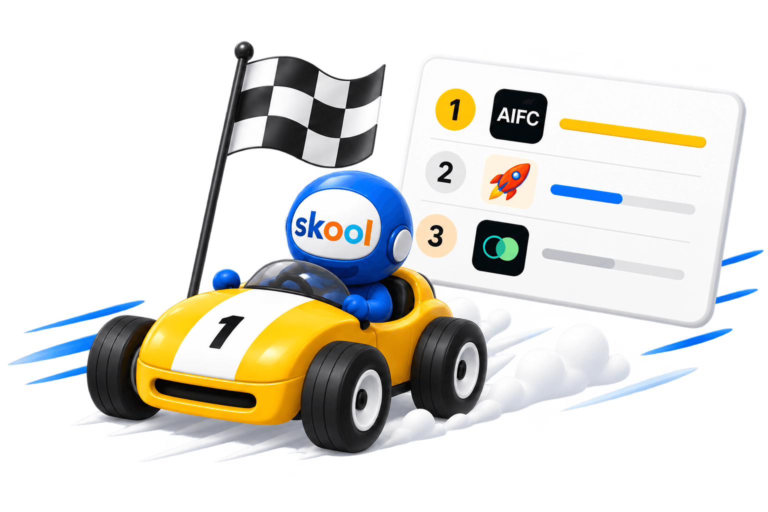 Yellow race car with a Skool driver, checkered flag, and leaderboard